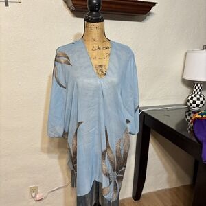 Sheer Pullover Beach Cover Up Floral Flower‎ Fringe Nautical Ocean Pool Blue
